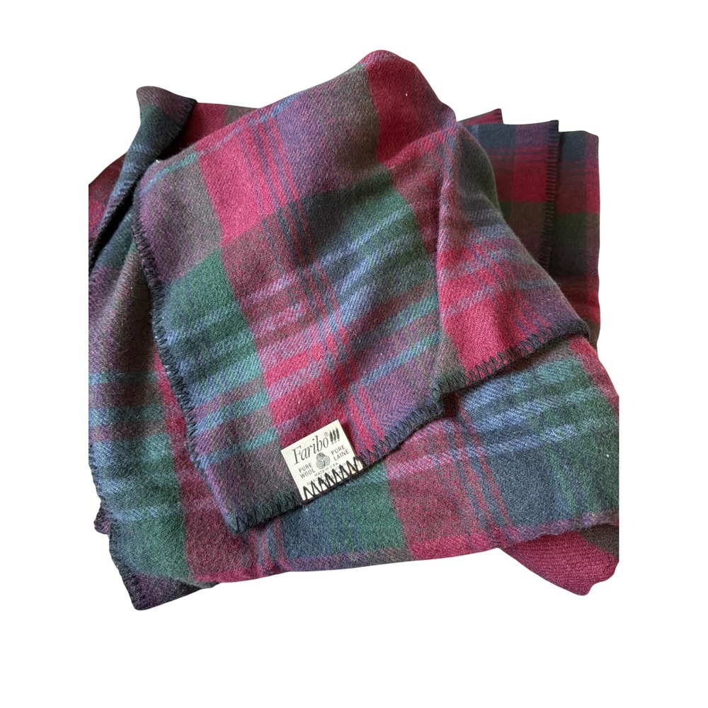 Faribo Pure Wool Blanket Full Queen Plaid Burgundy Green Vintage Made in USA